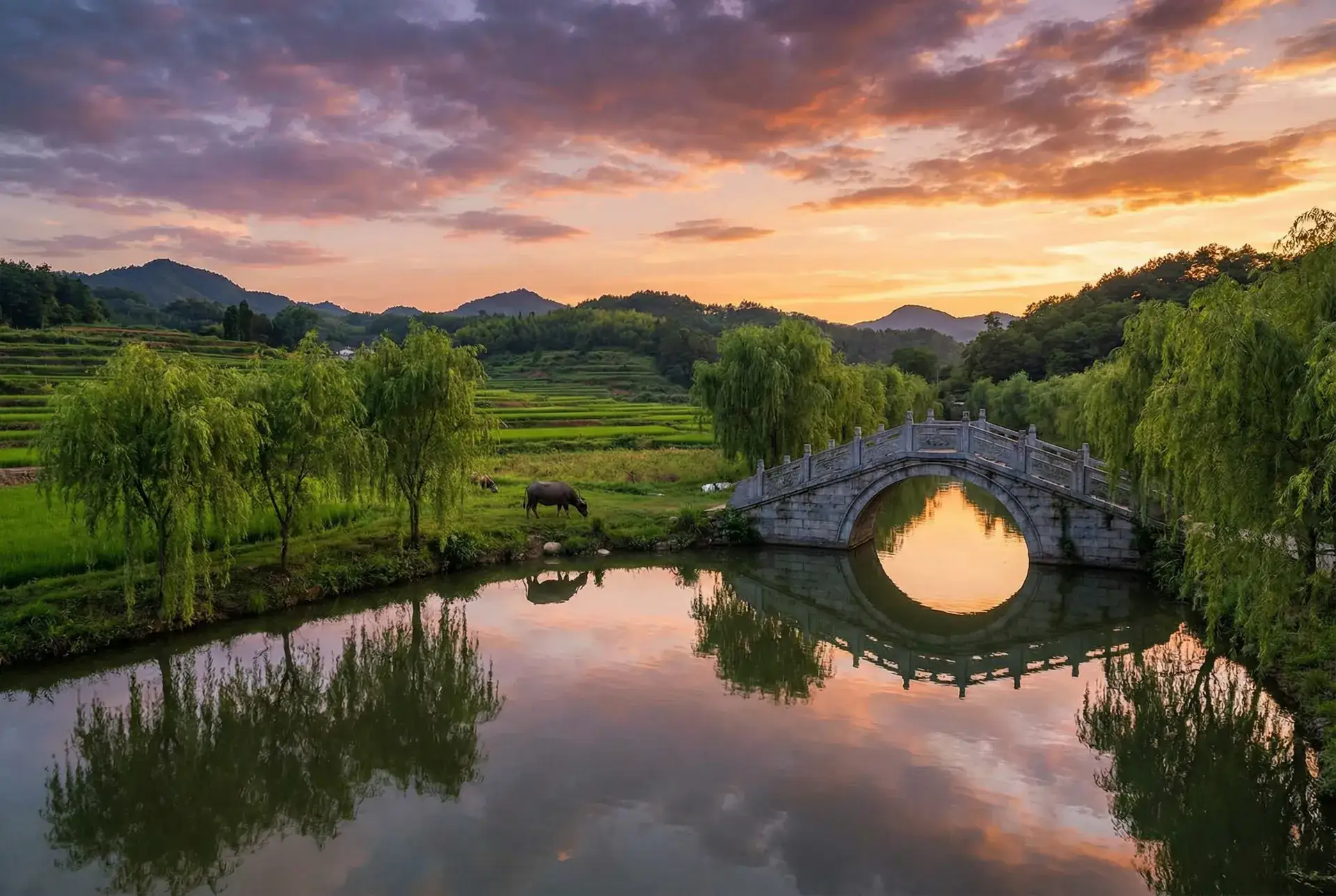 夕阳下的石拱桥与垂柳，水牛在河边吃草 - 年轻人免费 乡村美景