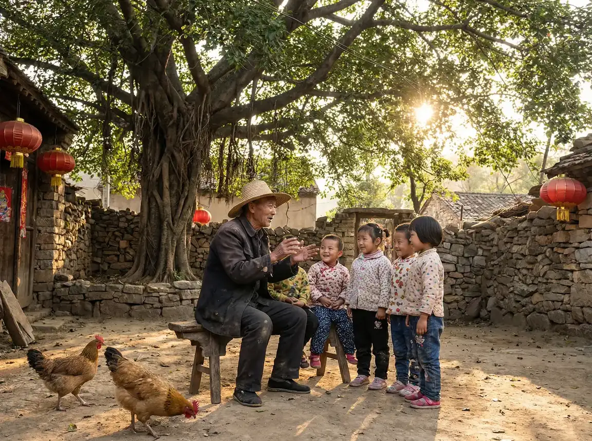 老人在大榕树下给孩子们讲故事 - 年轻人免费 乡村记忆